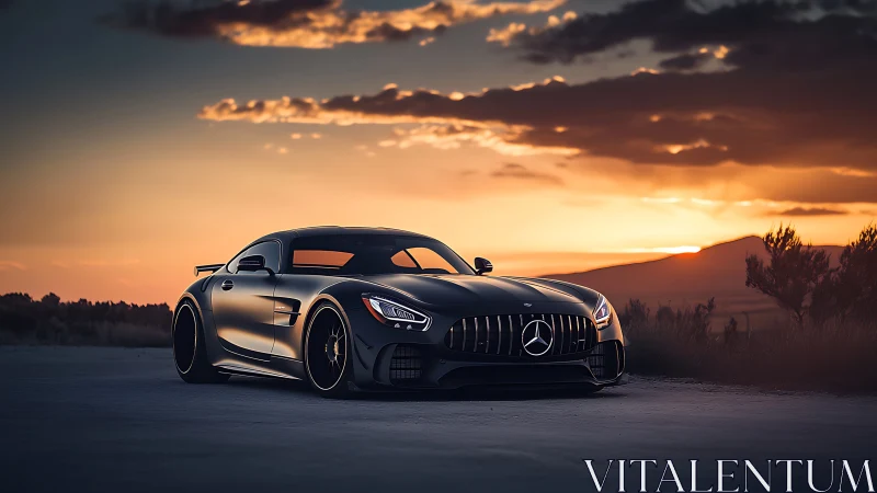 Low-slung luxury coupe under blazing sunset sky roadscape.