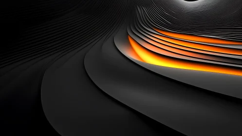 Abstract black layered waves with glowing orange highlights, modern digital art.