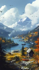 Snowy mountain towers above autumn lake cabin landscape