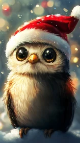 Small owl in red Santa hat on snow in soft winter light.