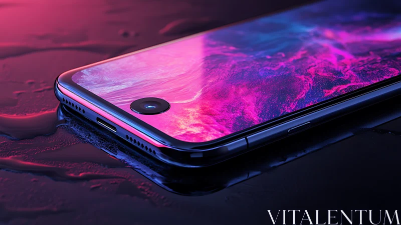 Glowing smartphone screen rests in neon light and soft water