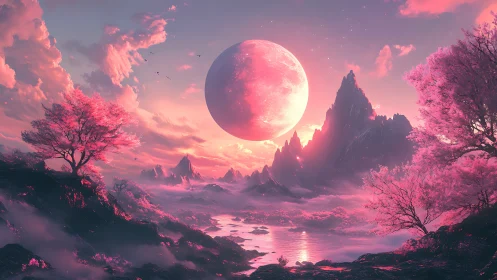 Celestial pink moon above misty sakura mountainscape.