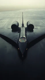 Stealth reconnaissance jet waits on a misty reflective runway