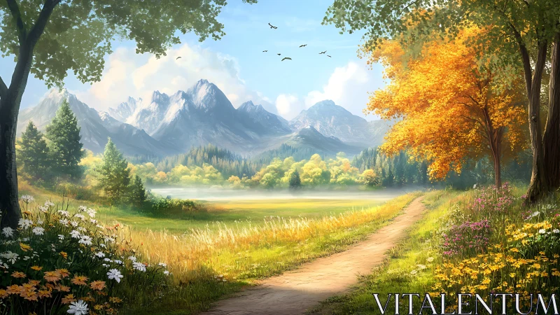 Sunlit country path leading toward misty alpine peaks.