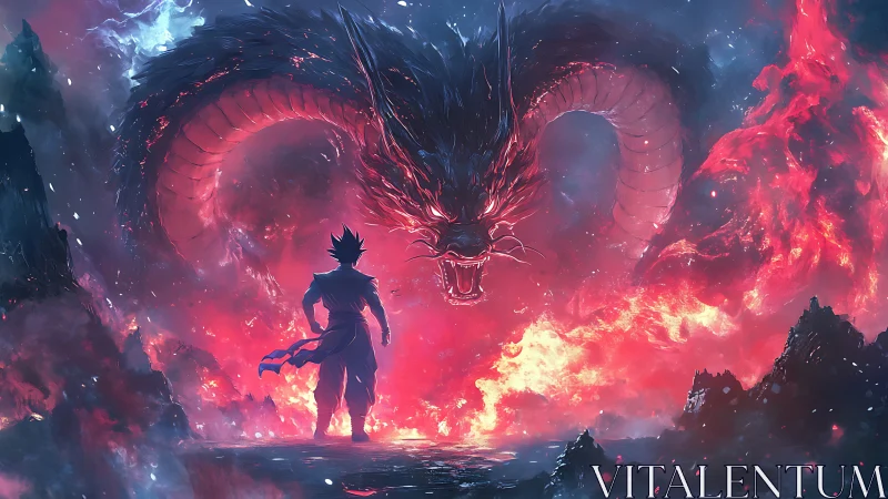 Human figure facing large spectral dragon in fiery sky.
