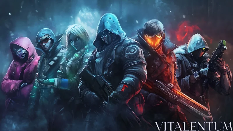 Hooded tactical squad in neon-lit arctic vaporfield standoff.