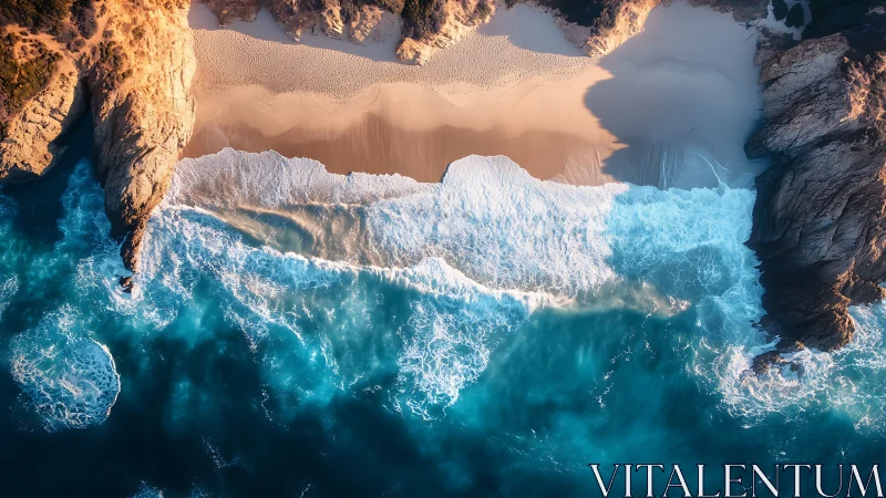 Aerial coastal surfline with sunlit sandstone cliffs and cove