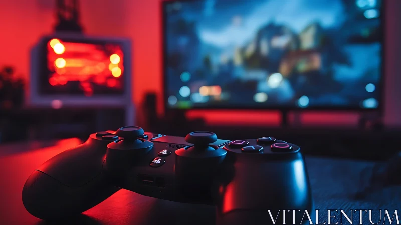 Ergonomic gamepad in bokeh-lit RGB gaming workstation scene.
