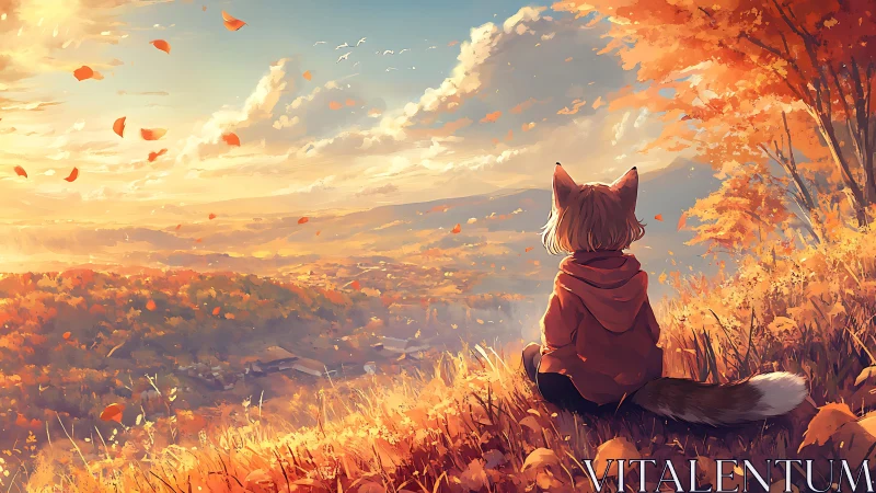 Fox-eared character gazes over glowing autumn valley sunset.