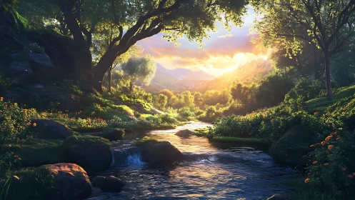 Golden sunrise bathes a tranquil forest river in warm light