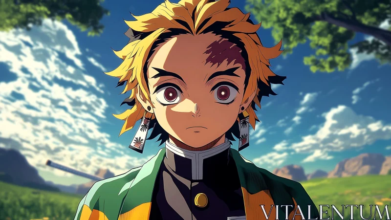 Anime swordsman portrait with dramatic outdoor lighting.