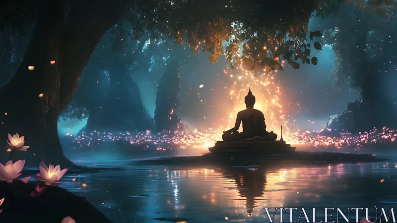 Digital painting of meditative Buddha under luminous forest canopy.