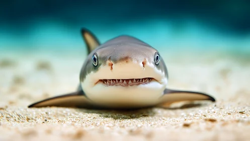 Juvenile reef shark resting on sand in shallow turquoise water.