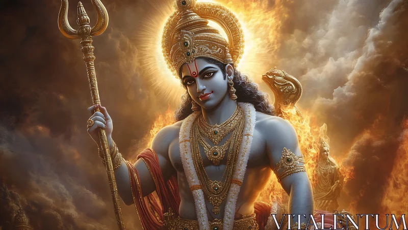 Radiant warrior deity amid blazing celestial storm clouds.