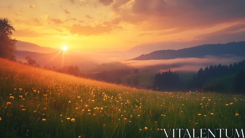 Sunlit alpine meadow with volumetric haze and warm spectral bloom