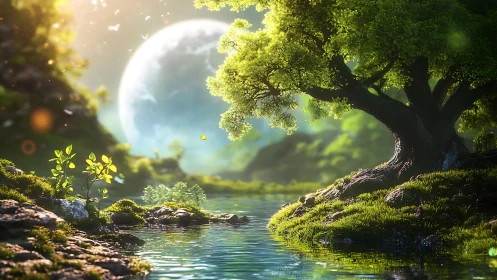 Majestic tree overlooks luminous moonlit forest lake.