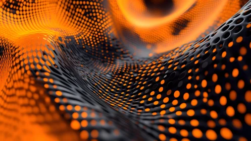 Abstract black mesh with glowing orange dots in digital wave style.