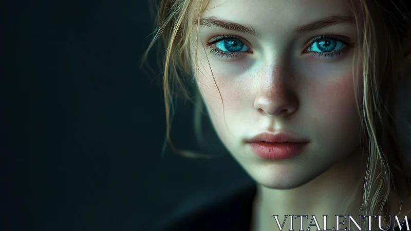 Digital portrait captures intense blue-eyed gaze in closeup