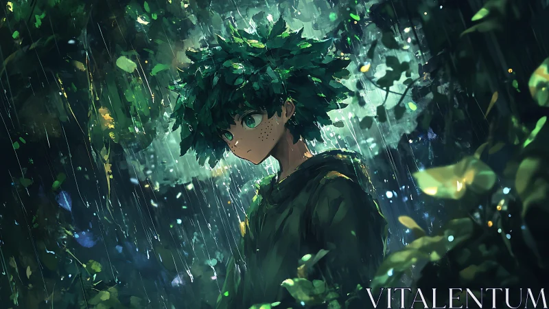 Rain-soaked forest youth in luminous anime foliage study.