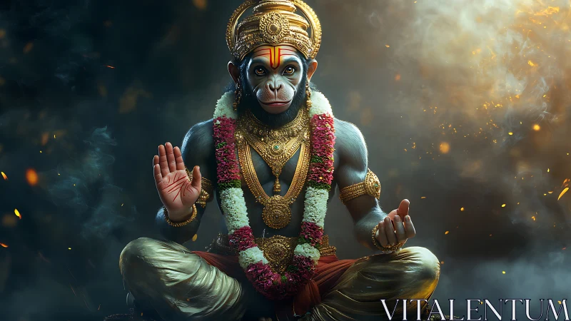 Radiant monkey deity in golden meditative stillness.