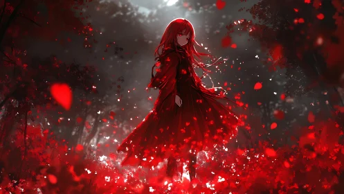 Red haired girl wandering through a dreamlike scarlet forest.