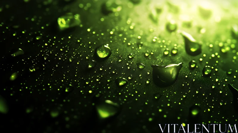 Green-illuminated droplets are distributed across a dark surface