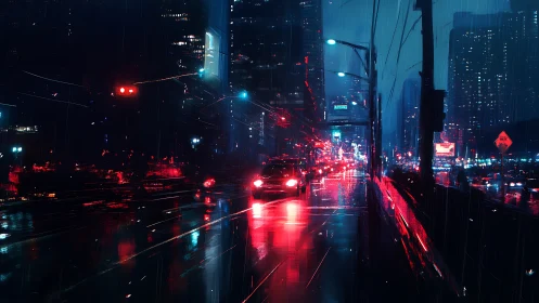Rainy nighttime city street shows red and blue neon reflections