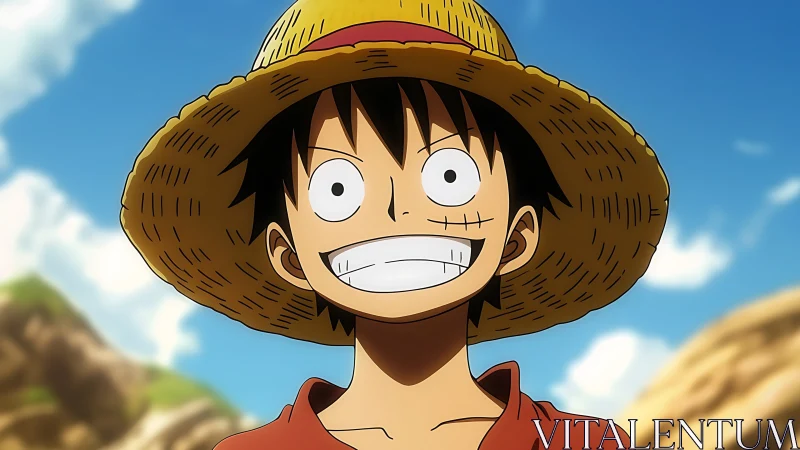 Smiling straw-hatted anime boy stands under bright blue sky
