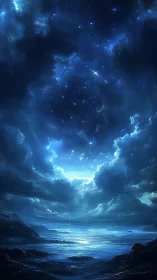 Starlit ocean horizon opens beneath a luminous cosmic sky