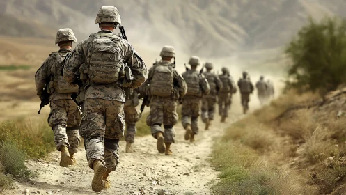 Dusty trail march with soldiers moving toward hazy hills.