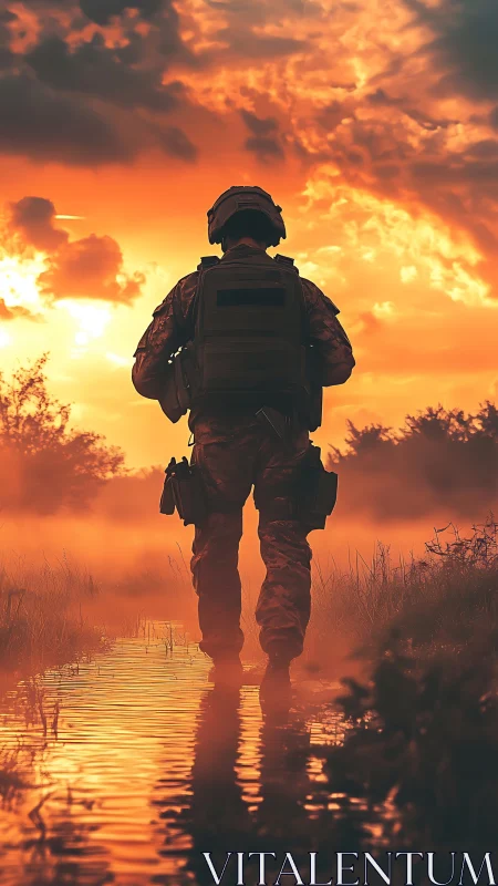 Soldier silhouette strides through blazing sunset marsh