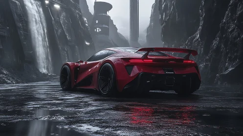 Futuristic red supercar on wet canyon road at dusk.