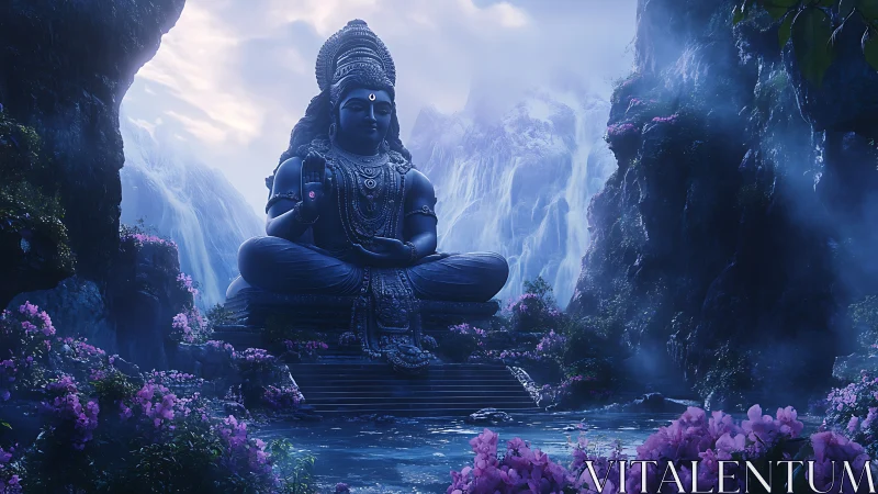 Colossal Shiva statue rendered in misty canyon with volumetric waterfalls