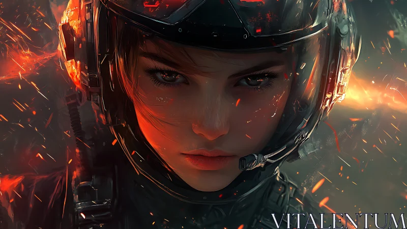 Female sci fi pilot in helmet amid glowing flying sparks.