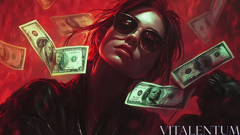 Rebel in sunglasses riding a storm of drifting dollars.