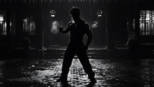 Martial artist silhouette in rain with high contrast lighting