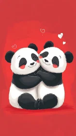Snuggly panda pair shares a sweet hug on bright red