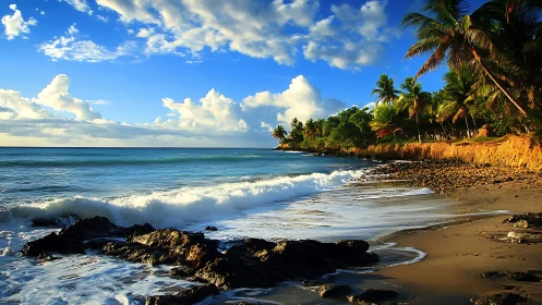 Tropical coastline with palm-lined bluff and breaking surf at dusk