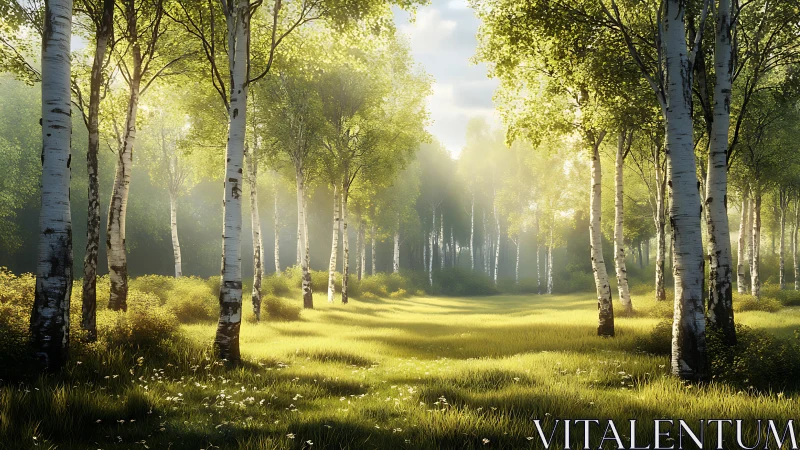 Photorealistic birch forest corridor with dramatic atmospheric perspective and backlighting