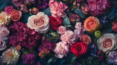 Lush Floral Arrangement: Roses, Dahlias, Hydrangeas Deep Jewel Tones.