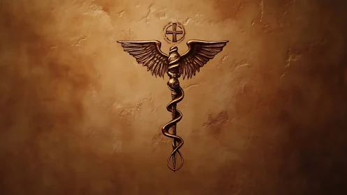 Bronze caduceus medical emblem on textured brown wall.