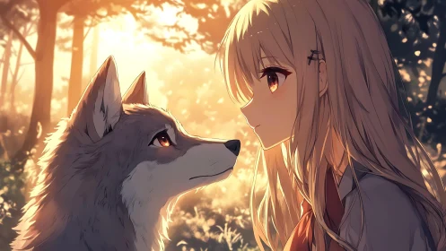 Anime girl and wolf share quiet moment in warm forest light.