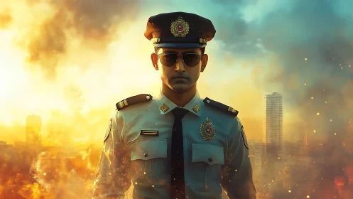 Stoic skyward officer amid burning neon city haze.