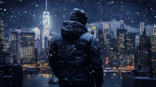 Lone hooded figure studies a snowy city skyline at night.