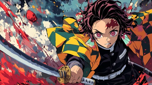 Fierce anime swordsman charging through swirling colors.