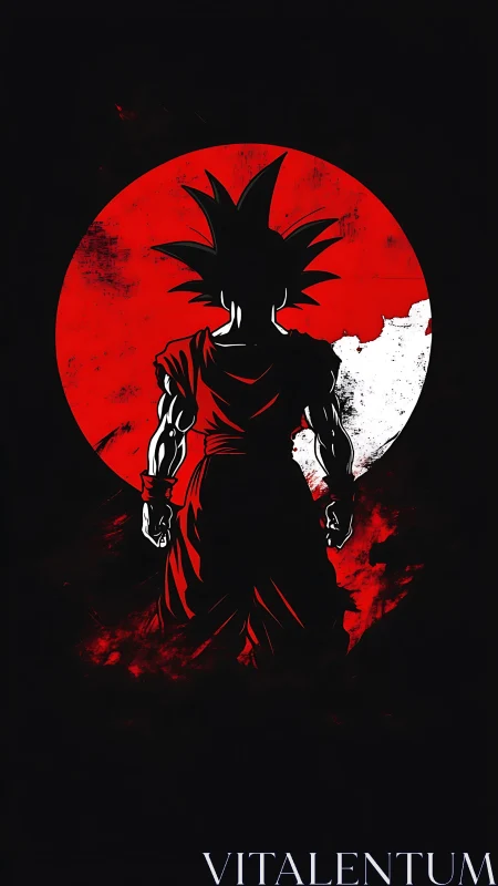 Scarlet warrior silhouette before a fractured lunar sun.