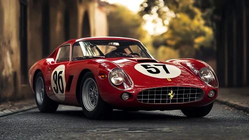 Vintage red race car gleams on cobblestone street at dusk
