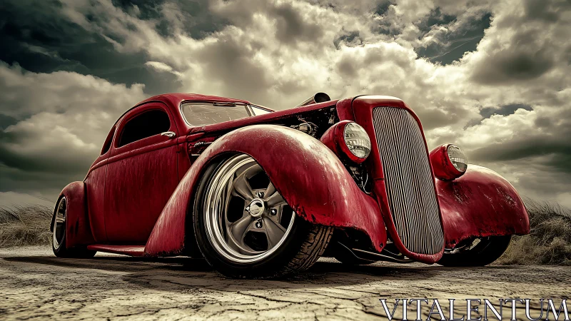 Low-angle portrait of a custom red hot rod under stormy skies