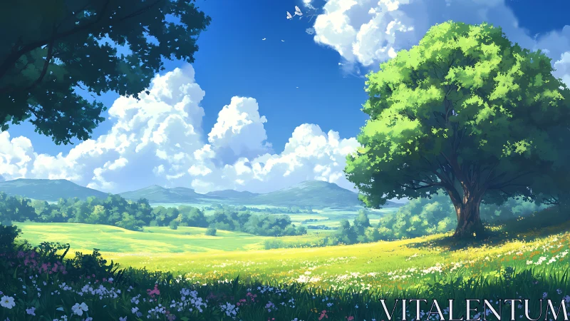 Sunlit meadow drifts beneath cloud kingdoms and a lone tree