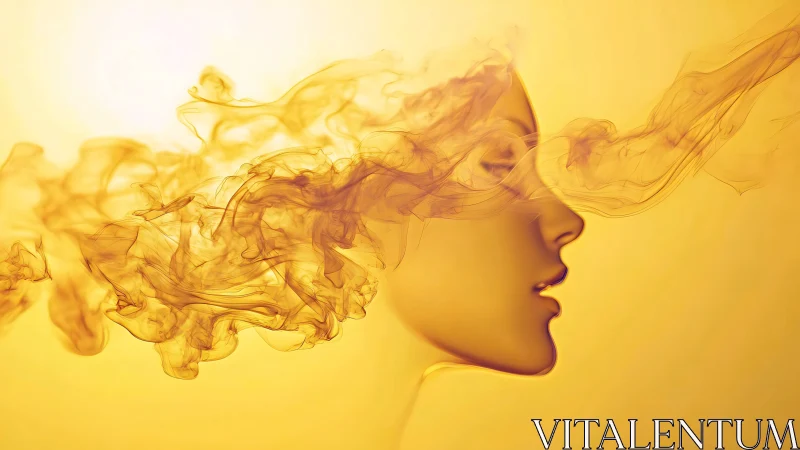 Surreal Profile of Woman with Flowing Smoke in Golden Tones.